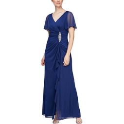 Womens Alex Evenings Long Dress with Hip Embellishment and Flutter Sleeves