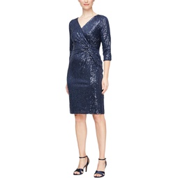 Womens Alex Evenings Short Sheath Sequin Dress with Knot Front Detail and 3/4 Sleeves