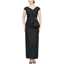 Alex Evenings Long Stretch Scuba Dress with Front Cascade Detail and Surplice Neckline with Cap Sleeves