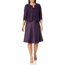 Alex Evenings Tea Length Jacket Dress with Lace Open Jacket and Tank with Satin Skirt
