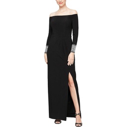 Womens Alex Evenings Long Matte Jersey Off the Shoulder Gown with Beaded Cuff Long Sleeves