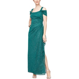 Womens Alex Evenings Long Cold Shoulder Glitter Mesh Gown with Cowl Neckline