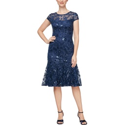Womens Alex Evenings Short Embroidered Dress with Flounce Detail Skirt and Cap Sleeves