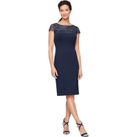 Womens Alex Evenings Short Sheath Dress with Embroidered Illusion Neckline and Cap Sleeves