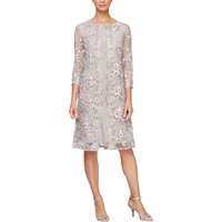 Womens Alex Evenings Short Embroidered Mock Dress with Illusion Sleeves