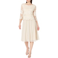 Womens Alex Evenings Tea Length Embroidered Dress with Illusion Sleeve and Scallop Detail Full Skirt