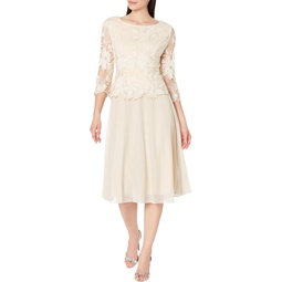 Womens Alex Evenings Tea Length Embroidered Dress with Illusion Sleeve and Scallop Detail Full Skirt