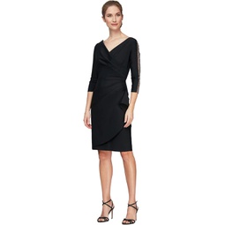 Alex Evenings Short Sheath Dress with Surplice Neckline and Embellished Illusion Sleeve Detail