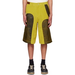Khaki & Yellow Paneled Shorts 231375M193003