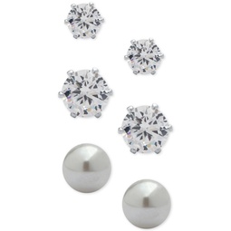 3-Pc. Set Crystal and Imitation Pearl Stud Earrings