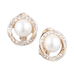 Gold-Tone Pave & Imitation Pearl Halo E-Z Comfort Clip-On Button Earrings