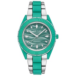 Womens Silver-Tone and Pastel Green Solar Ocean Work Plastic Bracelet Watch 38.5mm