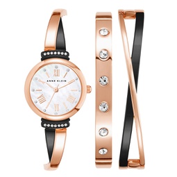 Womens Rose Gold-Tone and Black Alloy Bangle with Crystal Accents Fashion Watch 33mm Set 3 Pieces