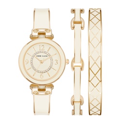 Womens Gold-Tone Alloy Bangle with White Enamel and Crystal Accents Fashion Watch 33mm Set 3 Pieces