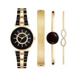 Womens Gold-Tone Alloy Bracelet with Black Enamel and Crystal Accents Fashion Watch 34mm Set 4 Pieces