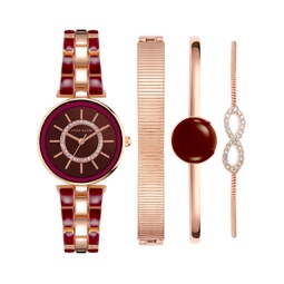 Womens Rose Gold-Tone Alloy Bracelet with Burgundy Enamel and Crystal Accents Fashion Watch 34mm Set 4 Pieces