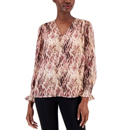 Womens Printed V-Neck Smocked Cuff Top