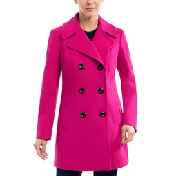 Womens Petite Notched-Collar Double-Breasted Peacoat