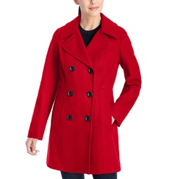 Womens Petite Notched-Collar Double-Breasted Peacoat