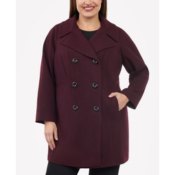 Womens Plus Size Notched-Collar Double-Breasted Peacoat