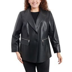 Womens Plus Size Zip-Pocket Leather Blazer Coat