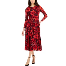Womens Floral-Print Belted Midi Dress