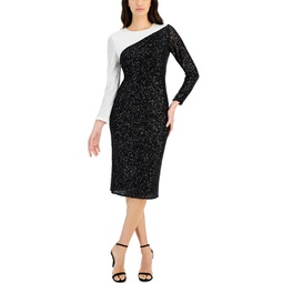 Womens Sequined Colorblocked Midi Dress