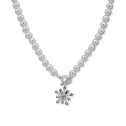 Silver-Tone Crystal Snowflake Imitation Pearl Pendant Necklace 16 + 3 extender