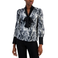 Womens Contrast-Trimmed Printed Satin Bow Blouse