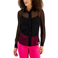 Womens Dotted Mesh Button-Front Shirt