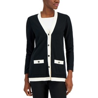 Petite Long-Sleeve Contrast-Trim Button-Down Cardigan Sweater