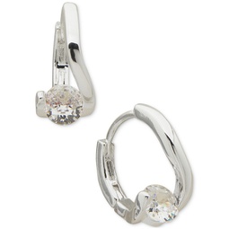 Silver-Tone Small Crystal Huggie Hoop Earrings 0.5