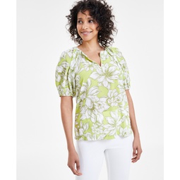 Womens Floral-Print Puff-Sleeve Blouse