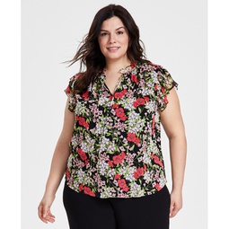 Plus Size Printed Ruffle-Sleeve Tie-Neck Blouse