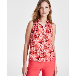 Womens Ruffled Tie-Neck Floral-Print Top