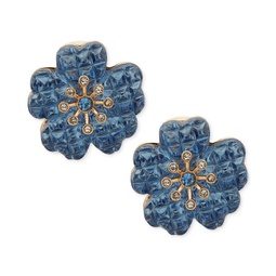 Gold-Tone Pave & Blue Crystal Flower Clip-On Button Earrings