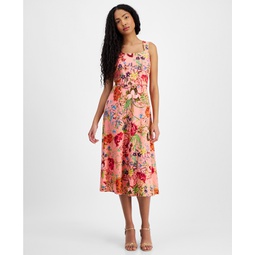 Womens Linen-Blend Floral-Print Midi Dress