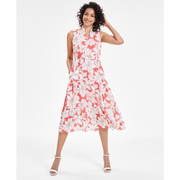 Womens Sleeveless Floral-Print Tiered Midi Dress