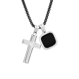 Two Tone Stainless Steel Rotating Cross & Faux Onyx Square Pendant Necklace
