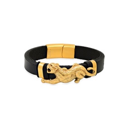 Black Leather & 18K Gold Plated Tiger Bracelet