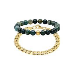 2-Piece 18K Goldplated Stainless Steel, Green Agate Beaded Cuban Bracelet Set