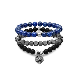 3-Piece Stainless Steel, Black Lava, Blue Lapis & Hematite Beaded Bracelet Set
