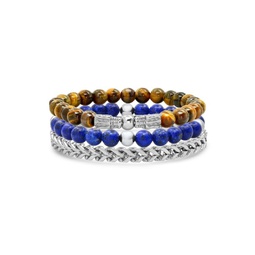 3-Piece Stainless Steel, Blue Lapis & Tiger Eye Beaded Bracelet Set