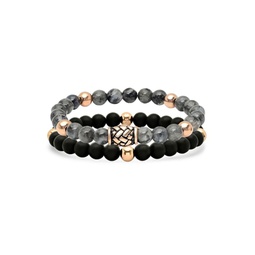 2-Piece 18K Rose Goldplated Stainless Steel, Diluted Hematite & Black Lava Beaded Bracelet Set