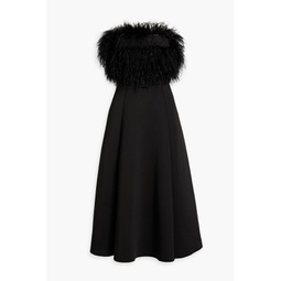 Strapless belted faux feather-embellished scuba midi dress