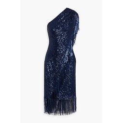 One-shoulder wrap-effect sequined mesh midi dress