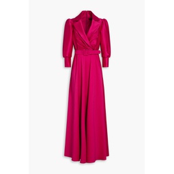 Wrap-effect pleated faille gown