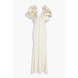 Twist-front ruffled faille and crepe gown