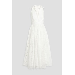 Crepon-paneled guipure lace midi dress
