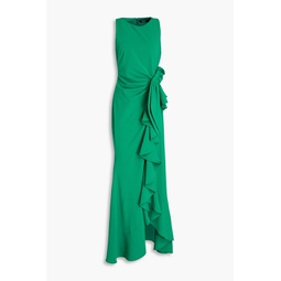 Bow-embellished ruffled crepe gown